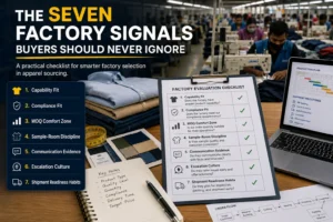 Factory signals checklist for apparel buyers reviewing garment factory capability, compliance, MOQ, sampling, communication, and shipment readiness